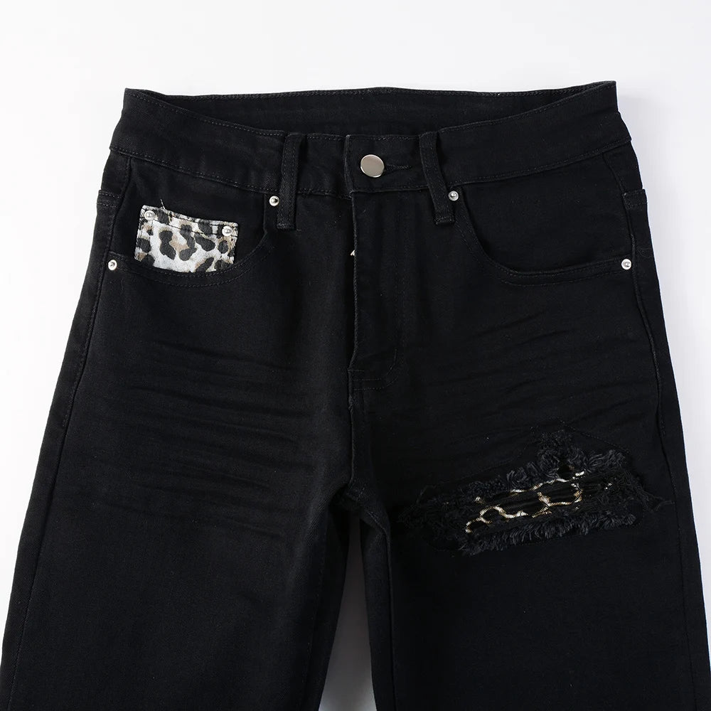 Black Leopard Print Patch Jeans
