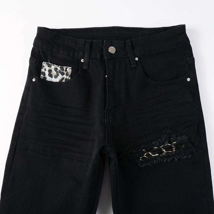 Black Leopard Print Patch Jeans