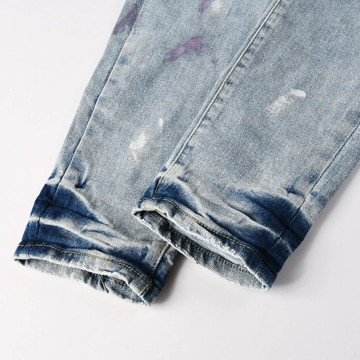 Light Blue Multicolour Painted Ribbed Distressed Jeans