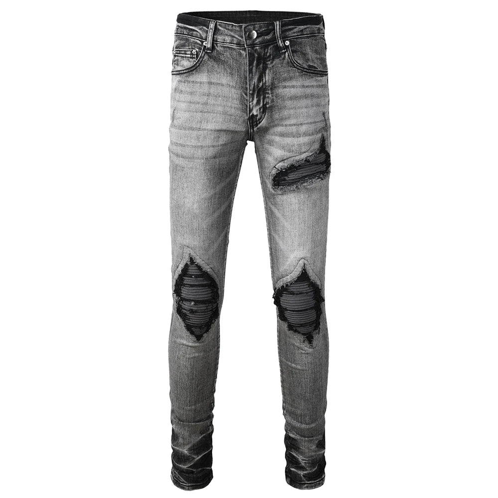 Grey Black Leather Ribbed Knee Distressed Jeans
