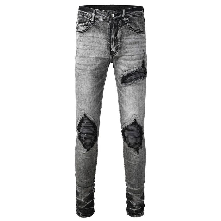 Grey Black Leather Ribbed Knee Distressed Jeans