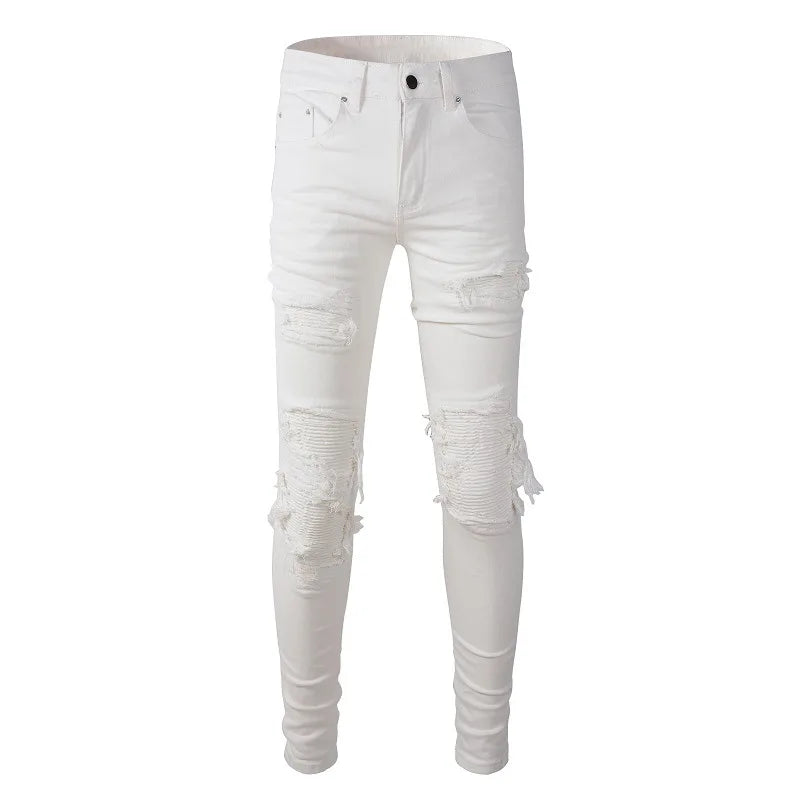 White Ribbed Patchwork Distressed Jeans