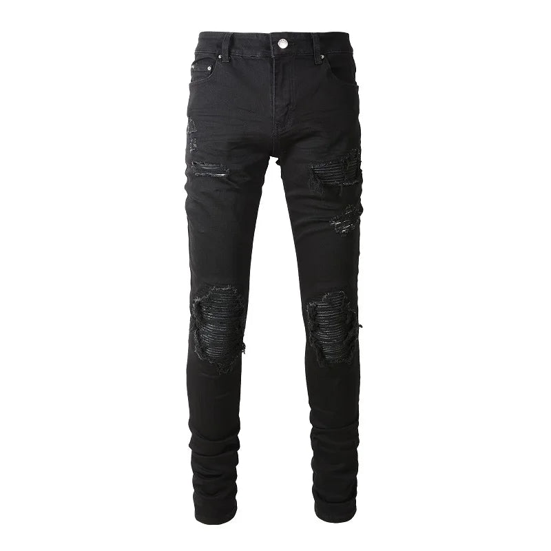 Black Leather Patch Distressed Jeans