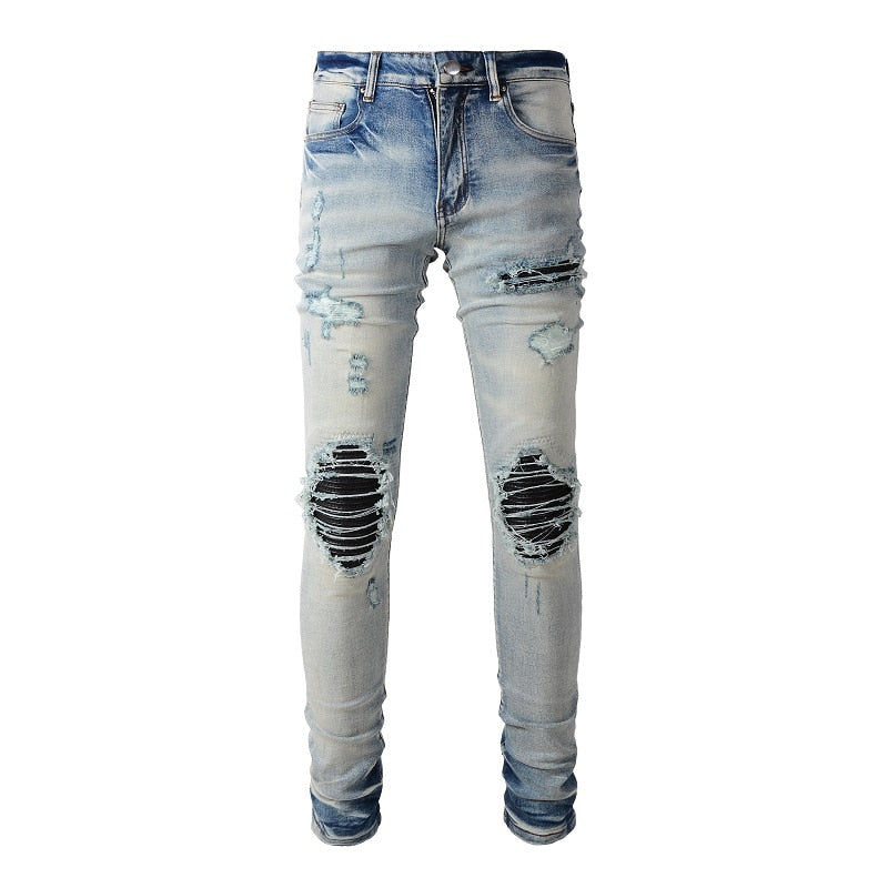 Blue Black Leather Pleated Patch Jeans