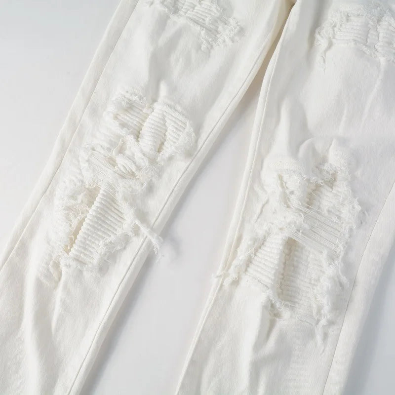White Ribbed Patchwork Distressed Jeans