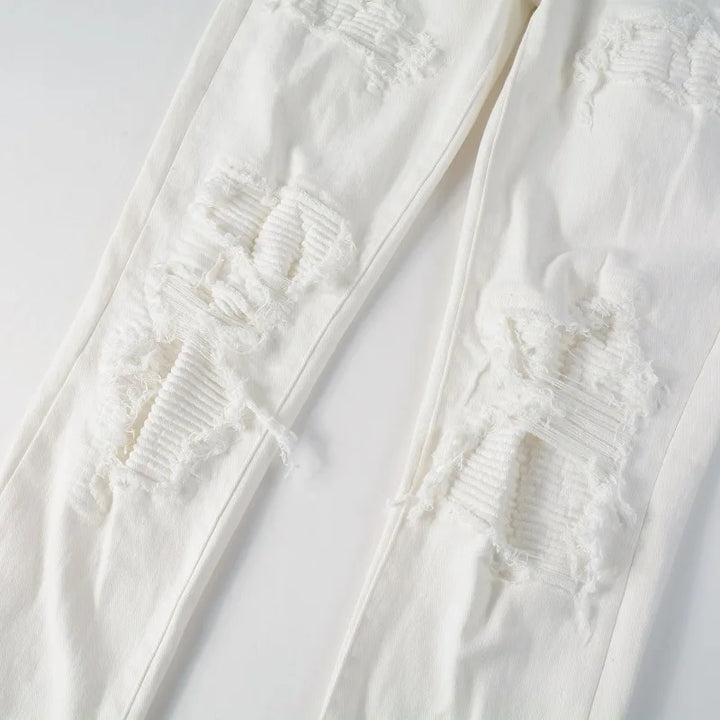White Ribbed Patchwork Distressed Jeans