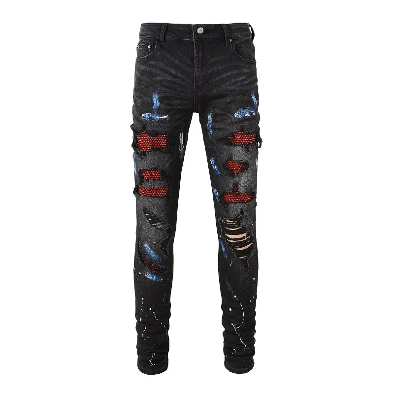 Black Red Crystal Paint Splatter Distessed Jeans