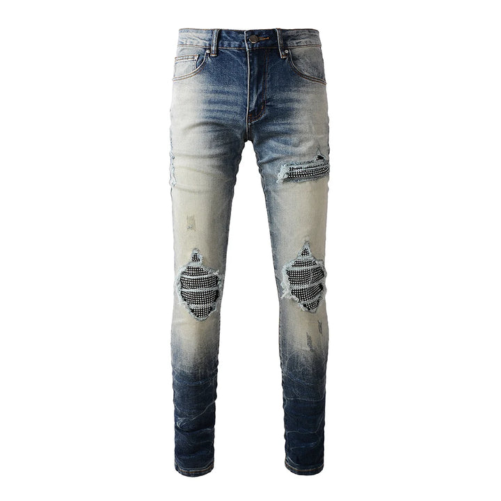 Blue Black Crystal Patchwork Dye Jeans