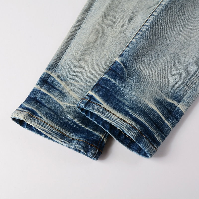 Blue Black Leather Pleated Patch Jeans