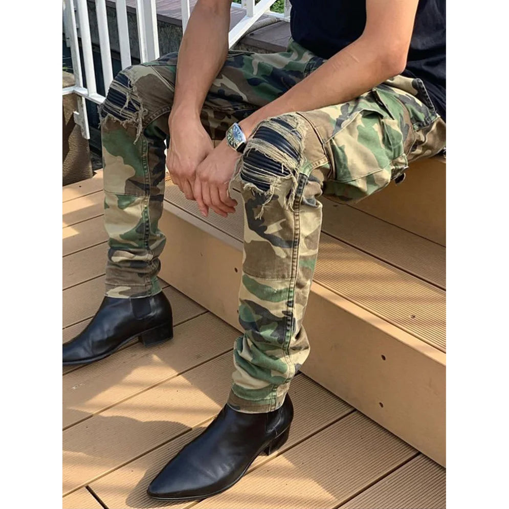 Camo Black Leather Patchwork Jeans