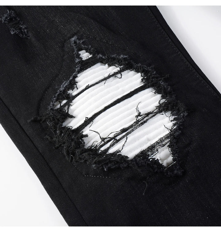 Black White Ribbed Patch Jeans