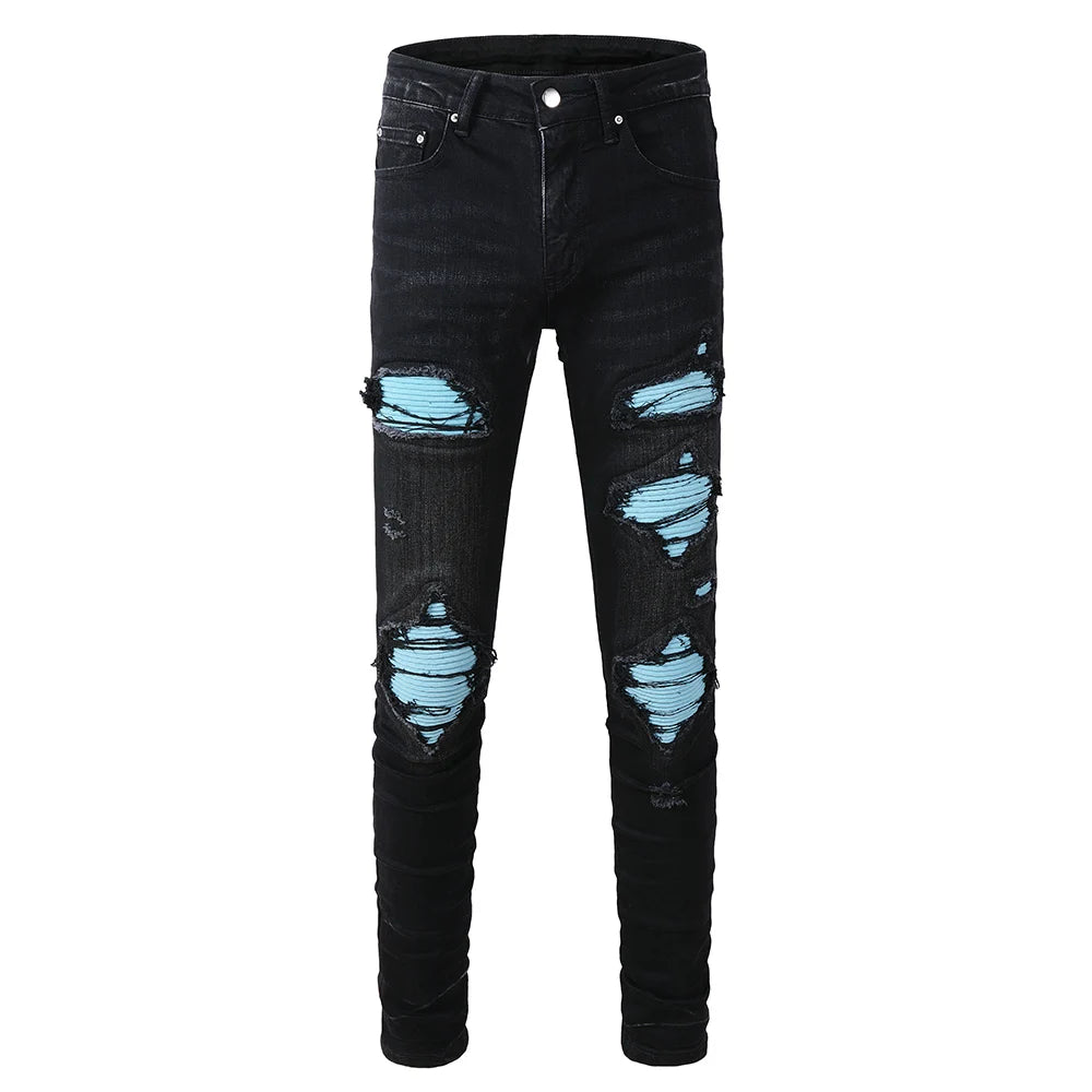 Black Sky Blue Ribbed Velvet Patch Jeans