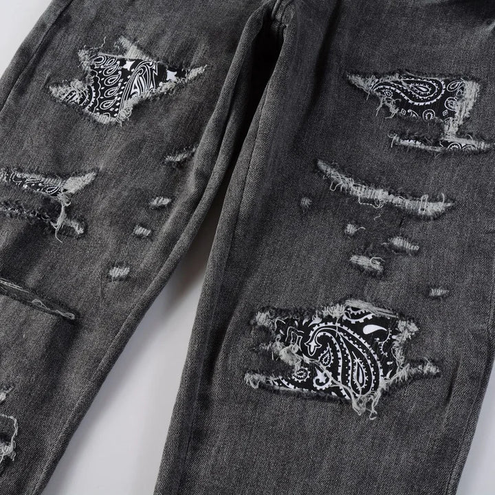 Grey Black Bandana Paisley Patchwork Distressed Jeans