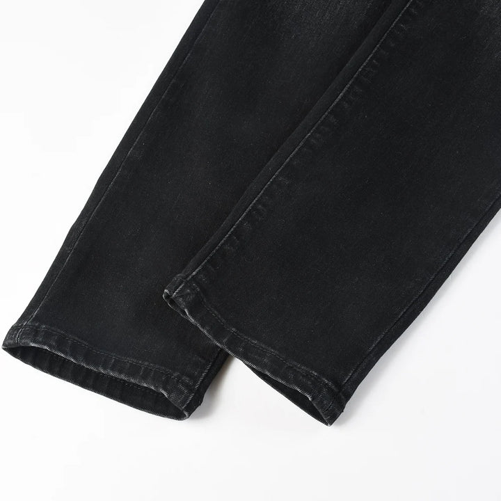 Black Pink Ribbed Leather Patch Jeans