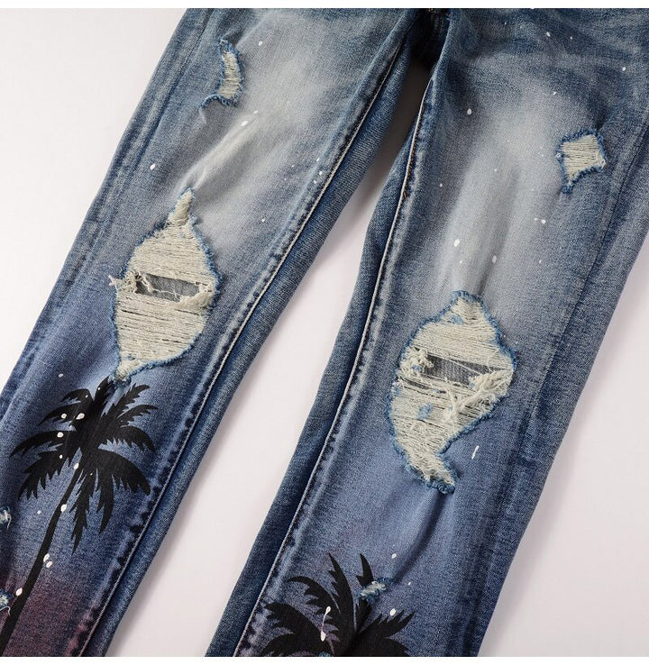 Blue Palm Tree Distressed Ripped Jeans