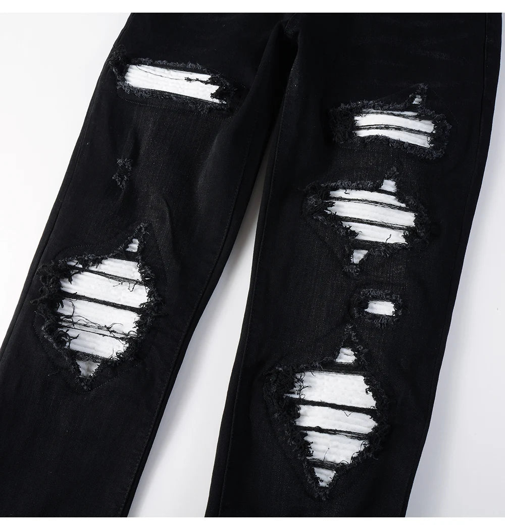 Black White Ribbed Patch Jeans
