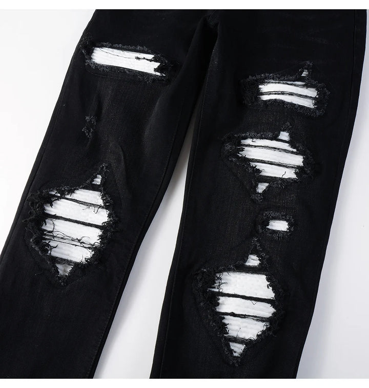 Black White Ribbed Patch Jeans