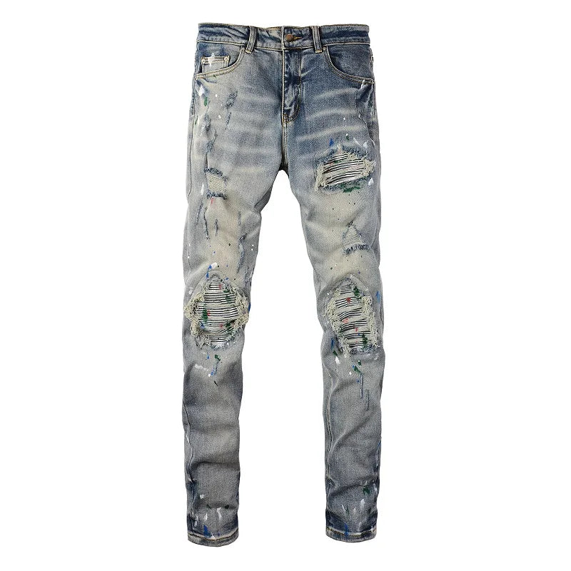 Blue Paint Splatter Ribbed Patchwork Distressed Jeans