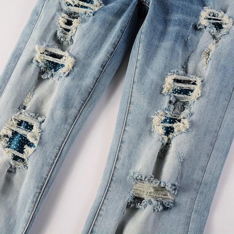 Blue Full Sky Blue Crystal Patchwork Distressed Painted Jeans