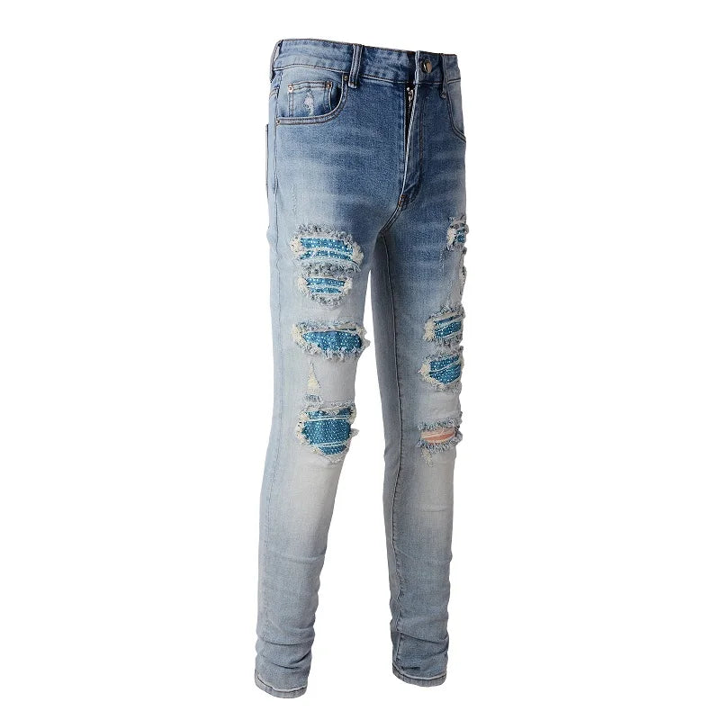 Blue Full Sky Blue Crystal Patchwork Distressed Painted Jeans