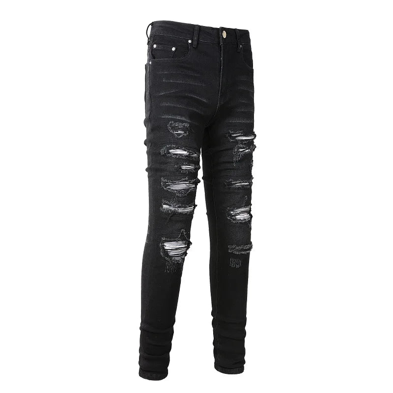 Black Full White Leather Patchwork Distressed Painted Jeans