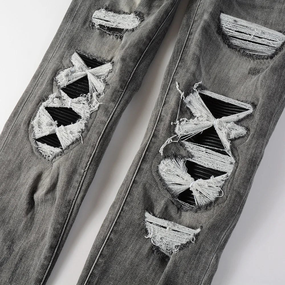 Grey Black Leather Patchwork Distressed Jeans