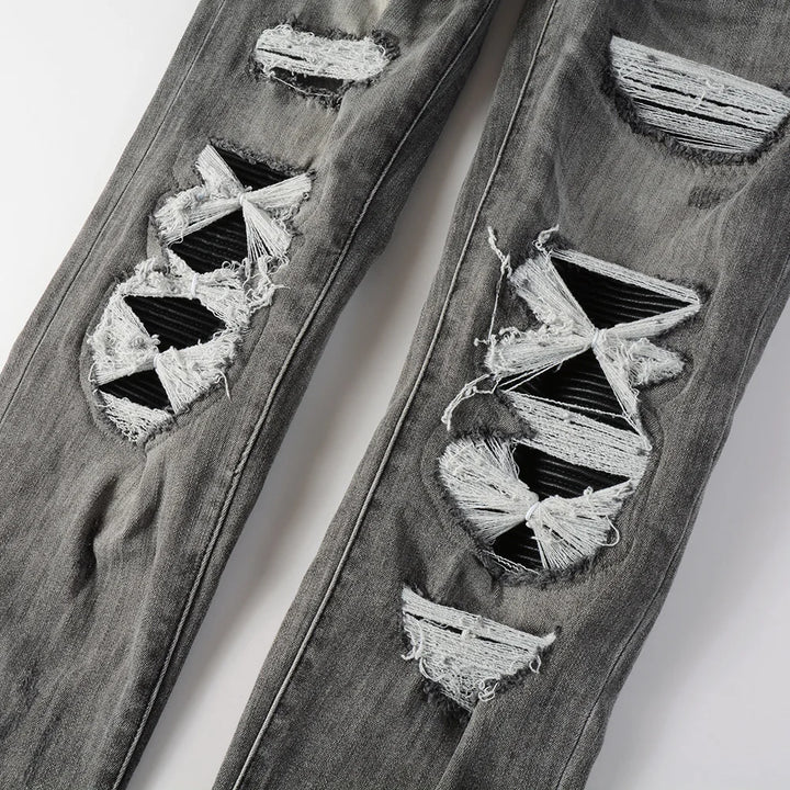 Grey Black Leather Patchwork Distressed Jeans