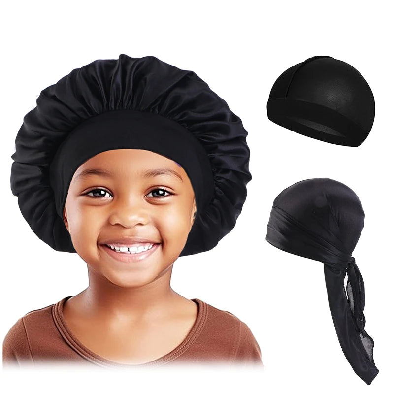 Black Kids Silky Durag, Bonnet & Wave Cap Set