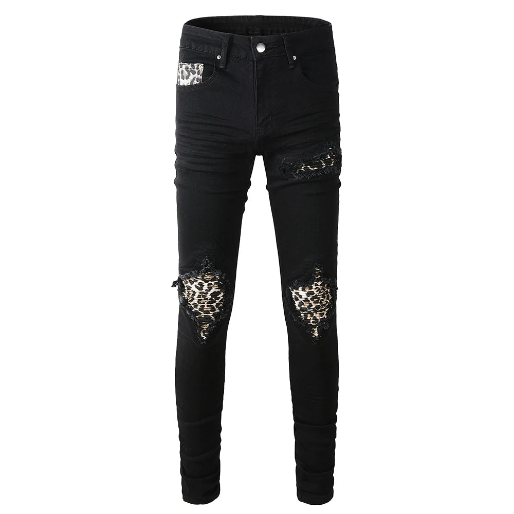 Black Leopard Print Patch Jeans