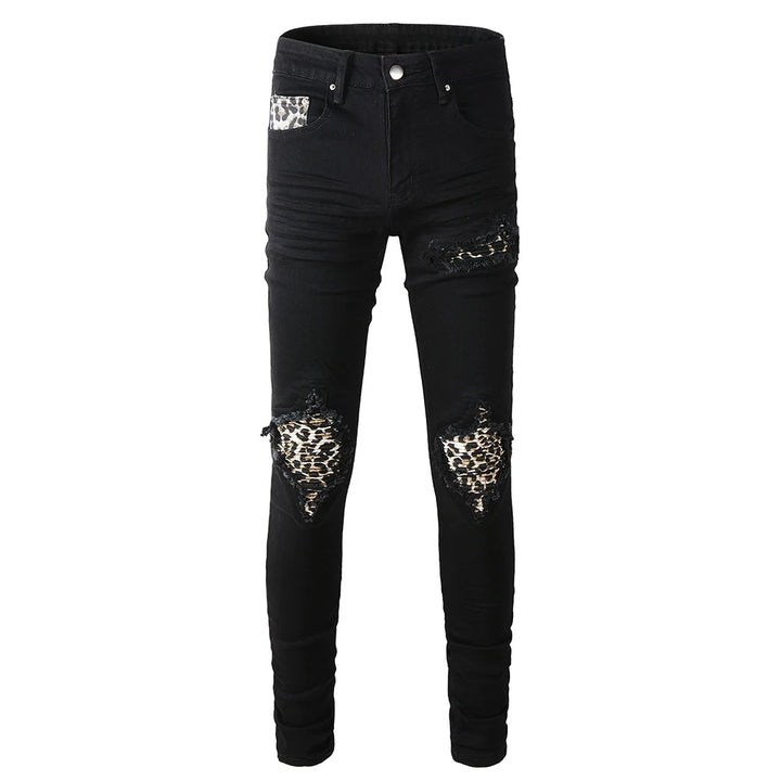Black Leopard Print Patch Jeans