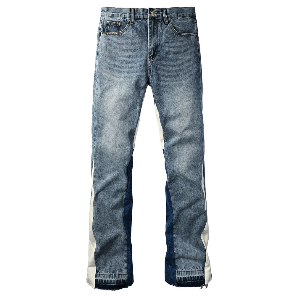 Dark Blue Spliced Panel Flared Jeans