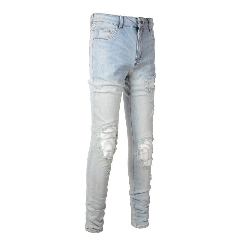 Pale Blue White Ribbed Patchwork Jeans