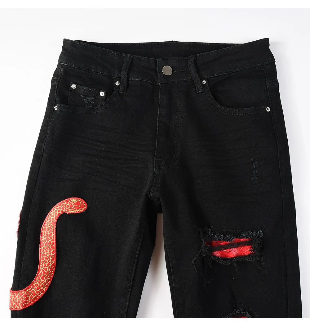 Black Red Full Embroidery Snake Patch Jeans