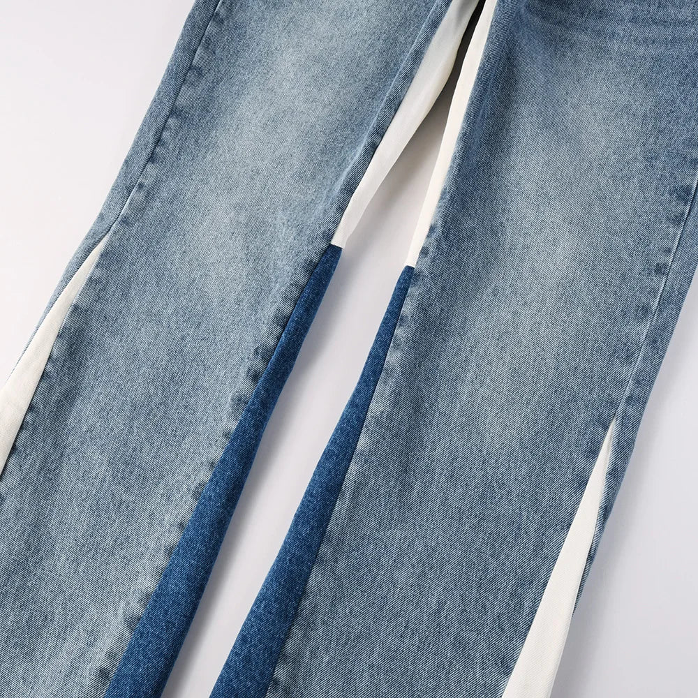 Dark Blue Spliced Panel Flared Jeans