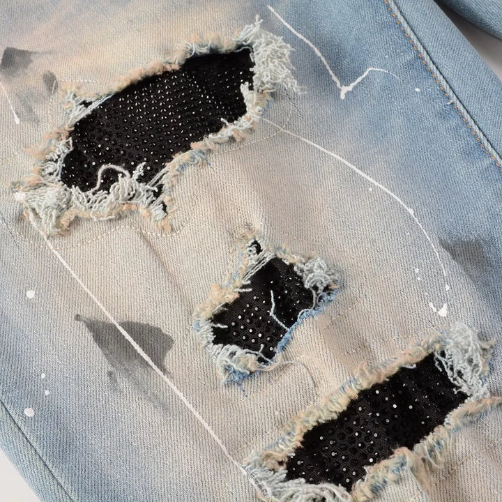 Blue Black Crystal Patchwork Paint Splatter Distressed Jeans