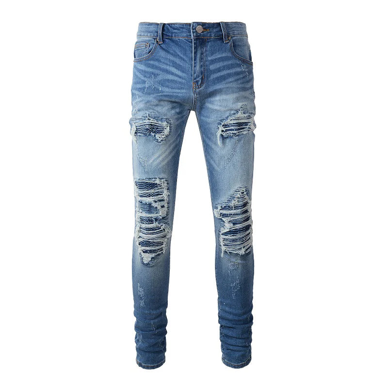 Blue Ribbed Denim Patch Distressed Jeans
