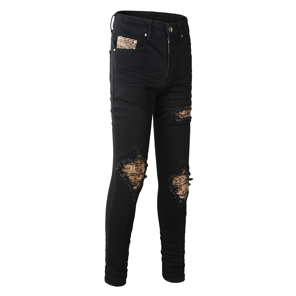 Black Dark Leopard Print Patch Jeans