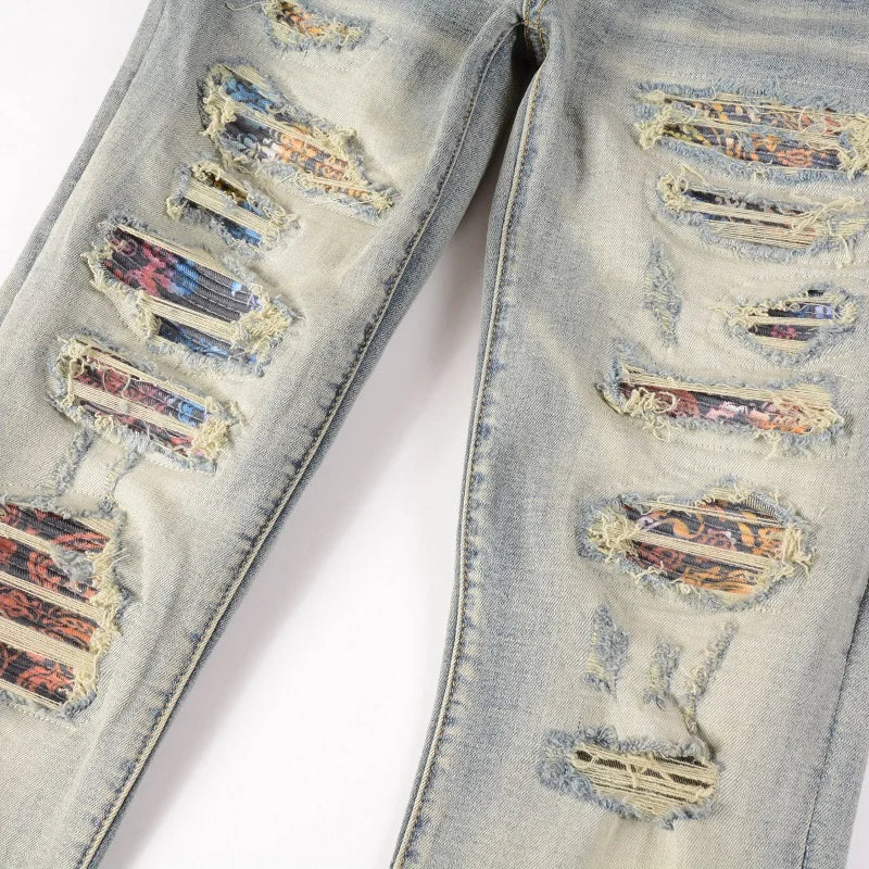 Faded Blue Multple Artwork Ripped Distressed Jeans