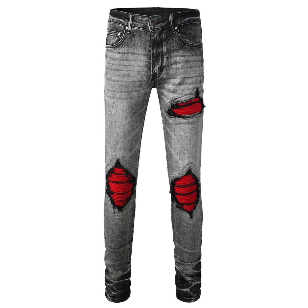 Grey Red Leather Ribbed Knee Distressed Jeans
