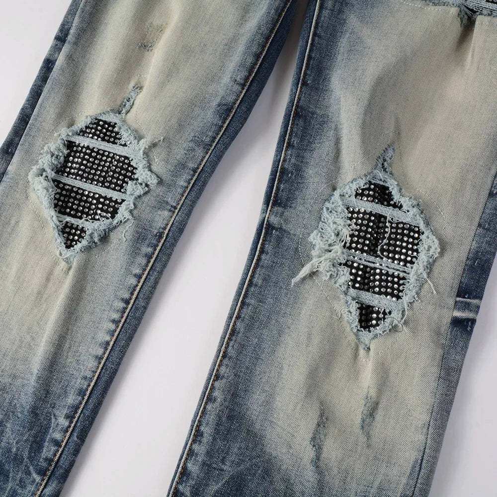 Blue Black Crystal Patchwork Dye Jeans