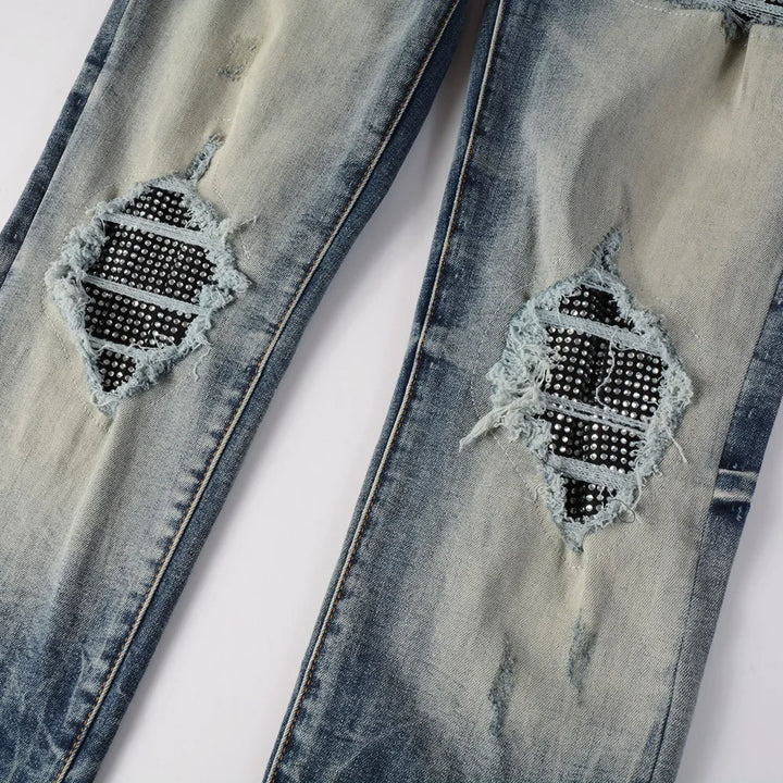 Blue Black Crystal Patchwork Dye Jeans