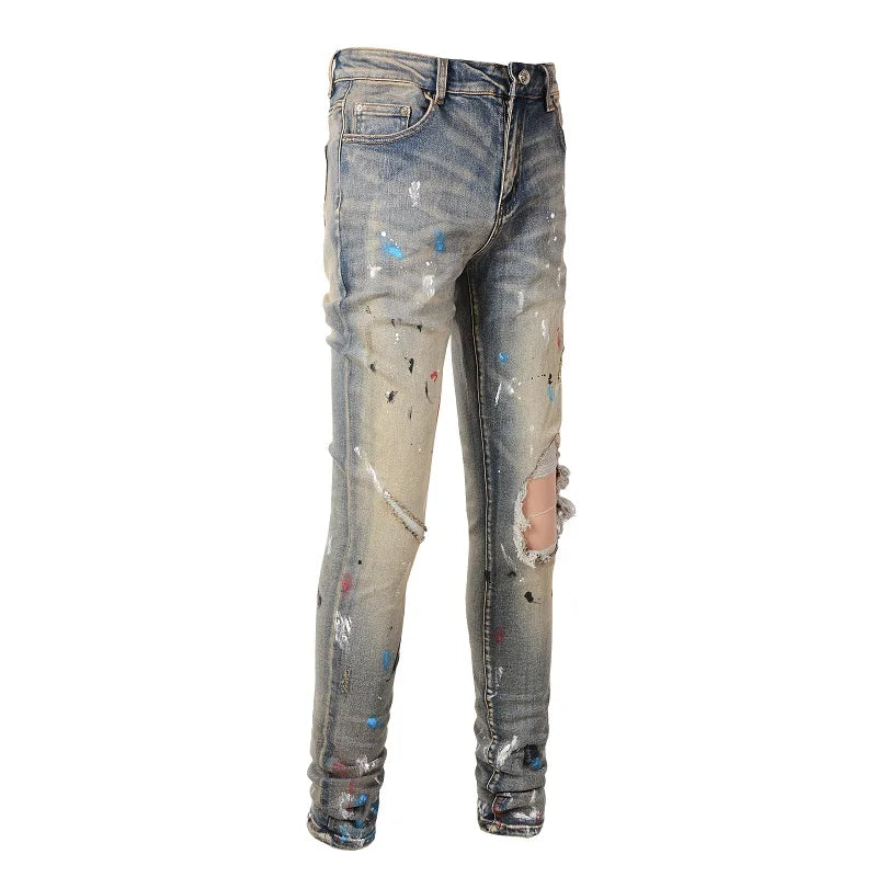 Blue Vintage Paint Splatter Ripped Jeans