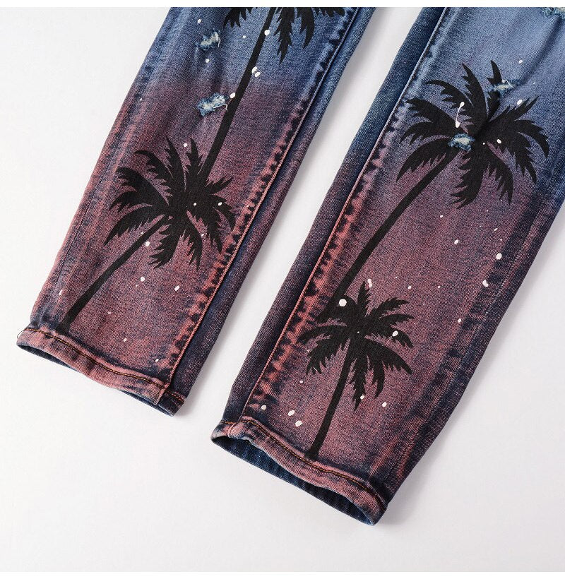 Blue Palm Tree Distressed Ripped Jeans