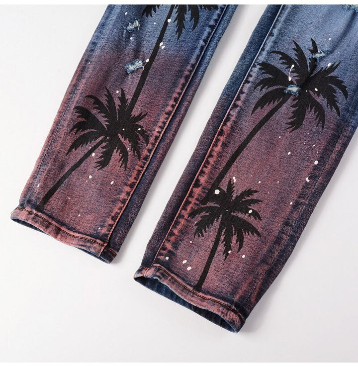Blue Palm Tree Distressed Ripped Jeans