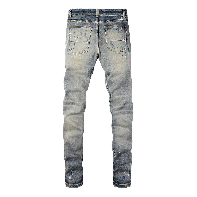 Blue Paint Splatter Ribbed Patchwork Distressed Jeans