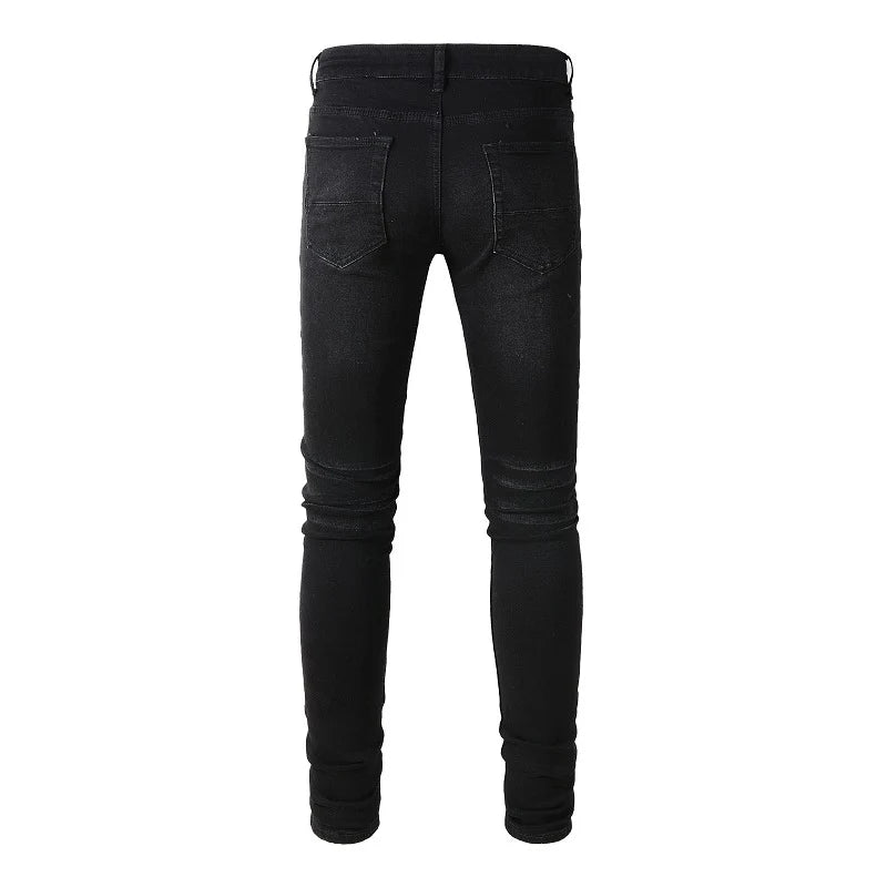 Black Full White Leather Patchwork Distressed Painted Jeans