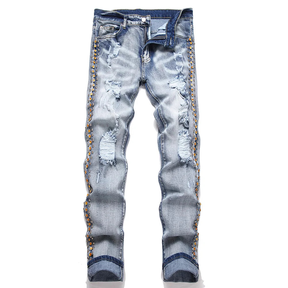 Blue Side Rivet Crystal Distressed Rockstar Jeans