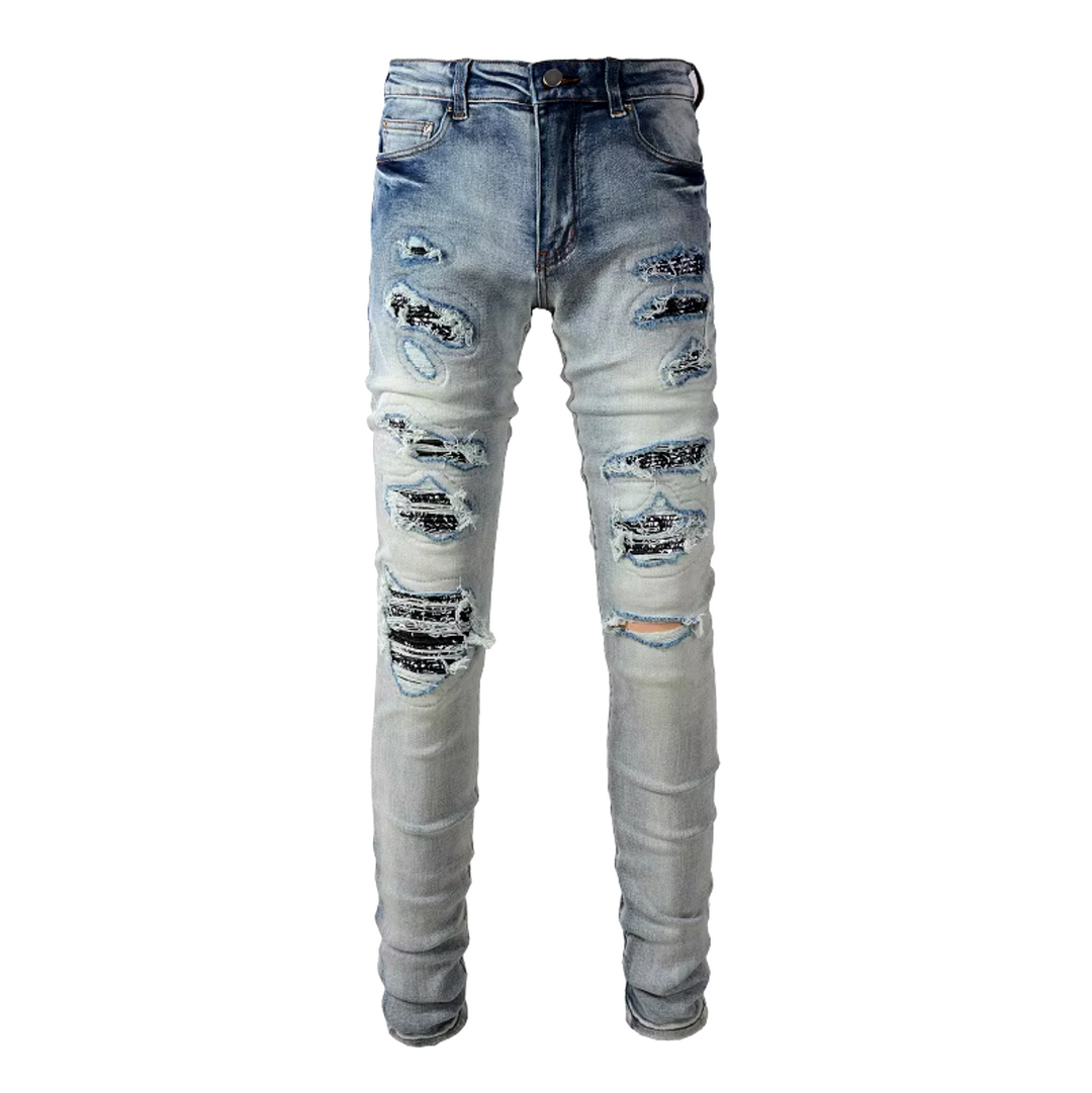 Light Blue Bandana Print Patch Distrssed Faded Jeans