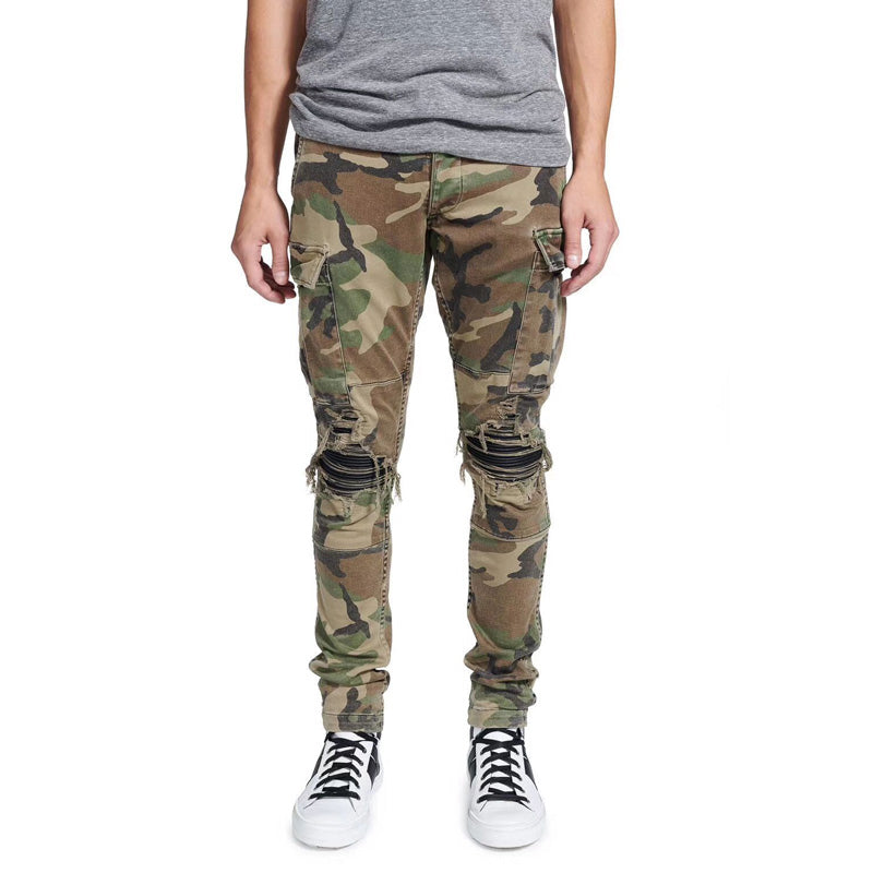 Camo Faux Leather Patchwork Ripped Jeans - Taelor Boutique