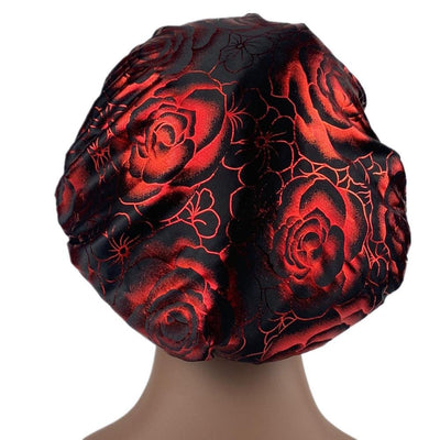 Black Red Rose Print Silky Bonnet - Taelor Boutique